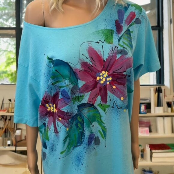 Vintage Single Stitch Hand Painted Wide Neck Blue Floral Graphic Women's T-Shirt - Picture 3 of 7